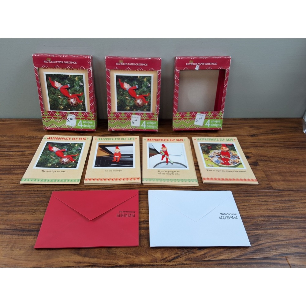 60 Funny Christmas Cards Open Boxes INAPPROPRIATE ELF SAYS Recycled New Lot of 3